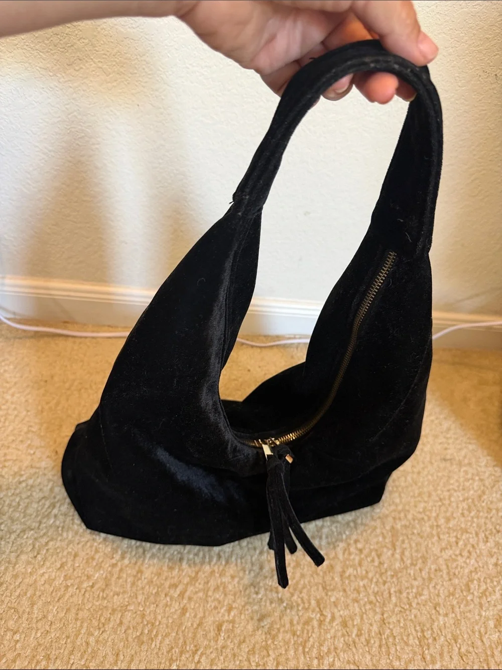 Tabitha Webb Black Velvet Slouchy Hobo Bag with Gold Hardware